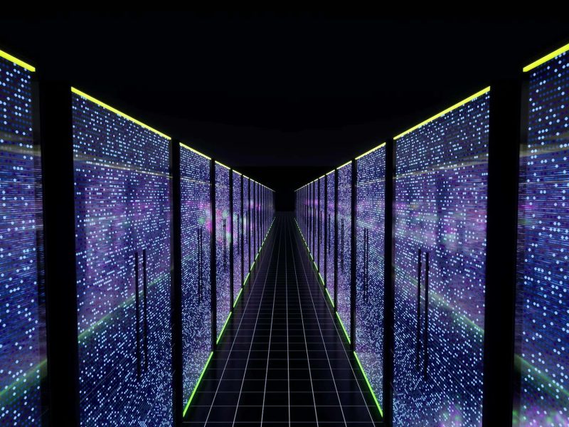 Modern data center servers room with neon lights AI iot learning 3d rendering